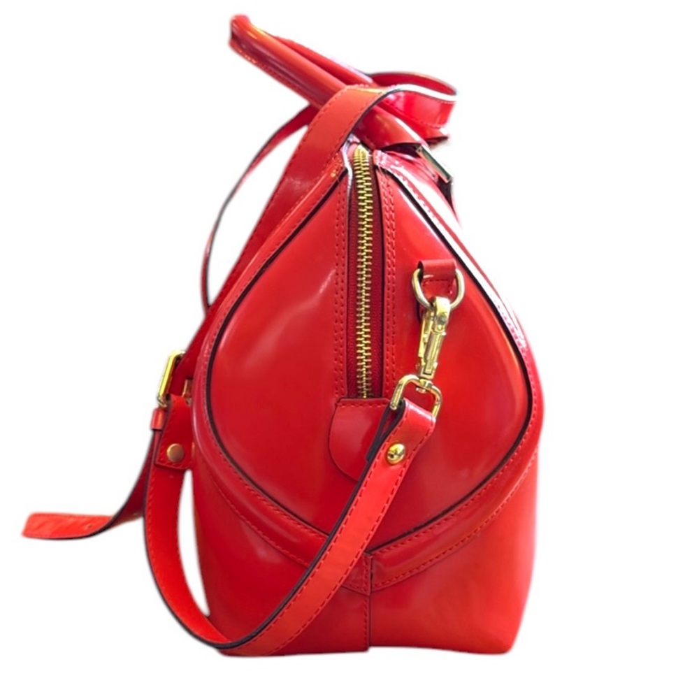 Italian Leather Red Satchel Crossbody Shoulder Bag Patent Gold Hardware Feet - Picture 6 of 16